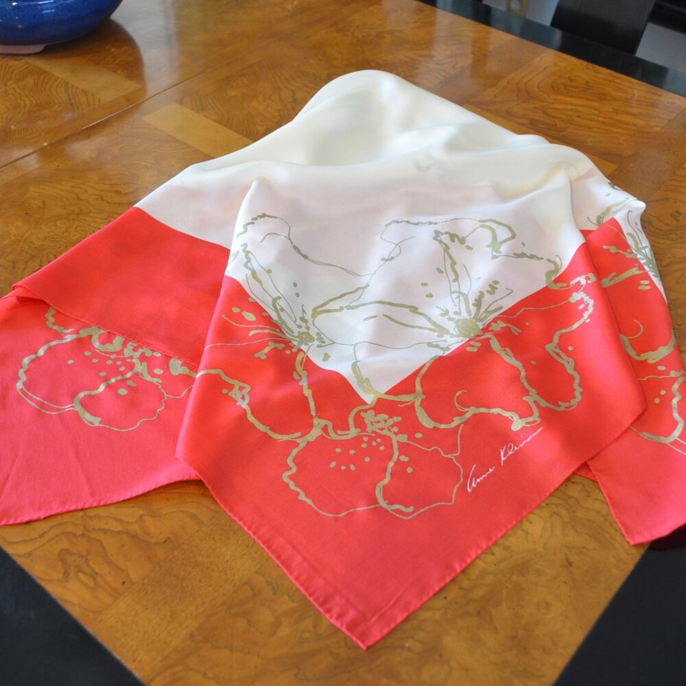 Anne Klein Silk Scarf, Signed, 40 Inches Square, Vintage Cream and Red with Gold